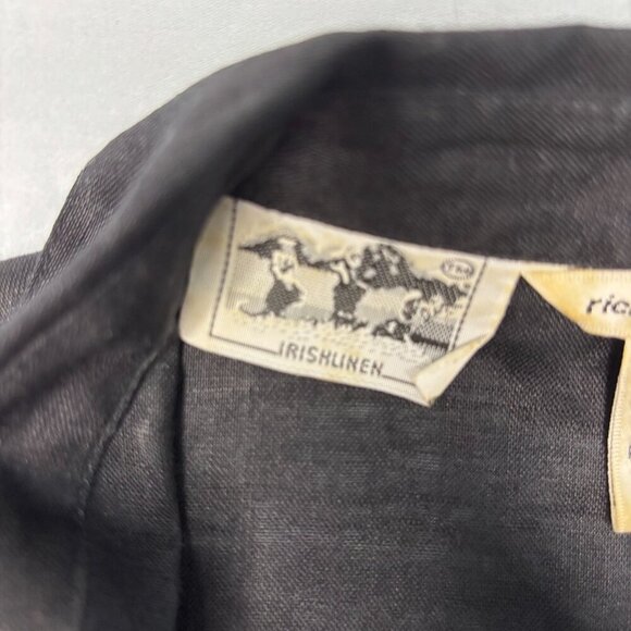 RICHARD MALCOM Large 100% Irish Linen Embroidered Waist Tie Black Blouse - Picture 6 of 8